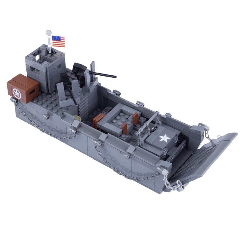 Péniche de débarquement Higgins de l'armée américaine de la Seconde Guerre mondiale avec Jeep MOC militaire personnalisé