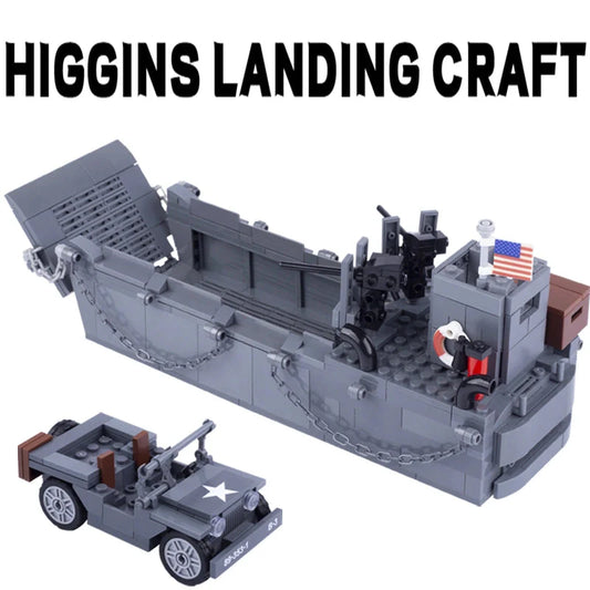 Péniche de débarquement Higgins de l'armée américaine de la Seconde Guerre mondiale avec Jeep MOC militaire personnalisé