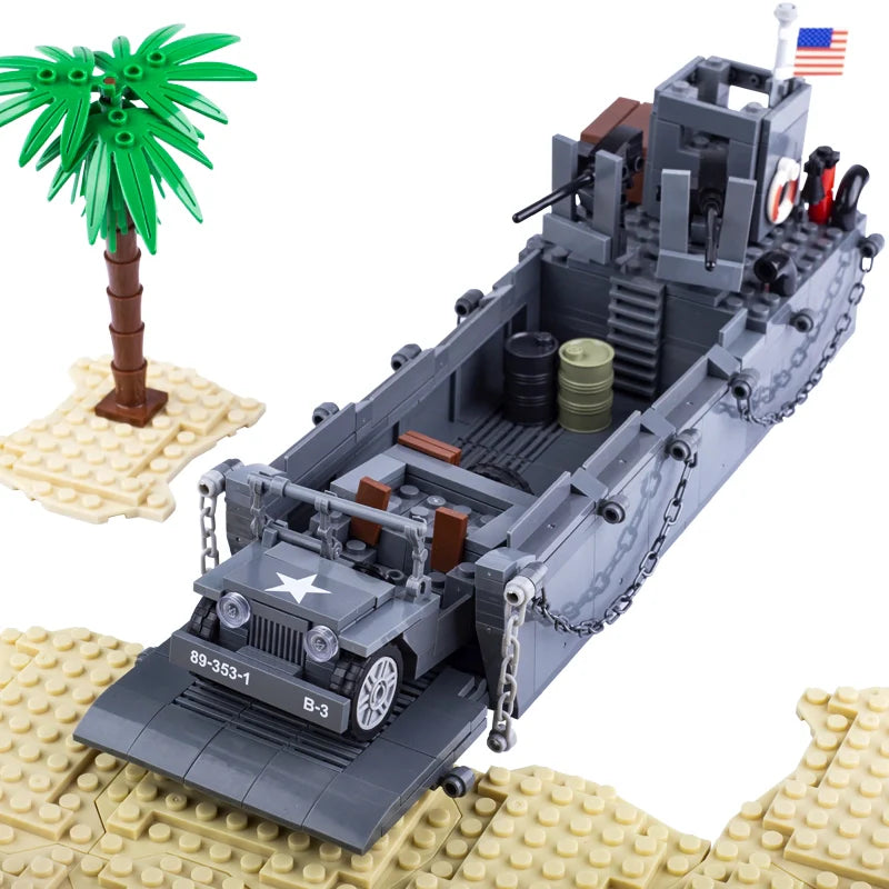 Péniche de débarquement Higgins de l'armée américaine de la Seconde Guerre mondiale avec Jeep MOC militaire personnalisé